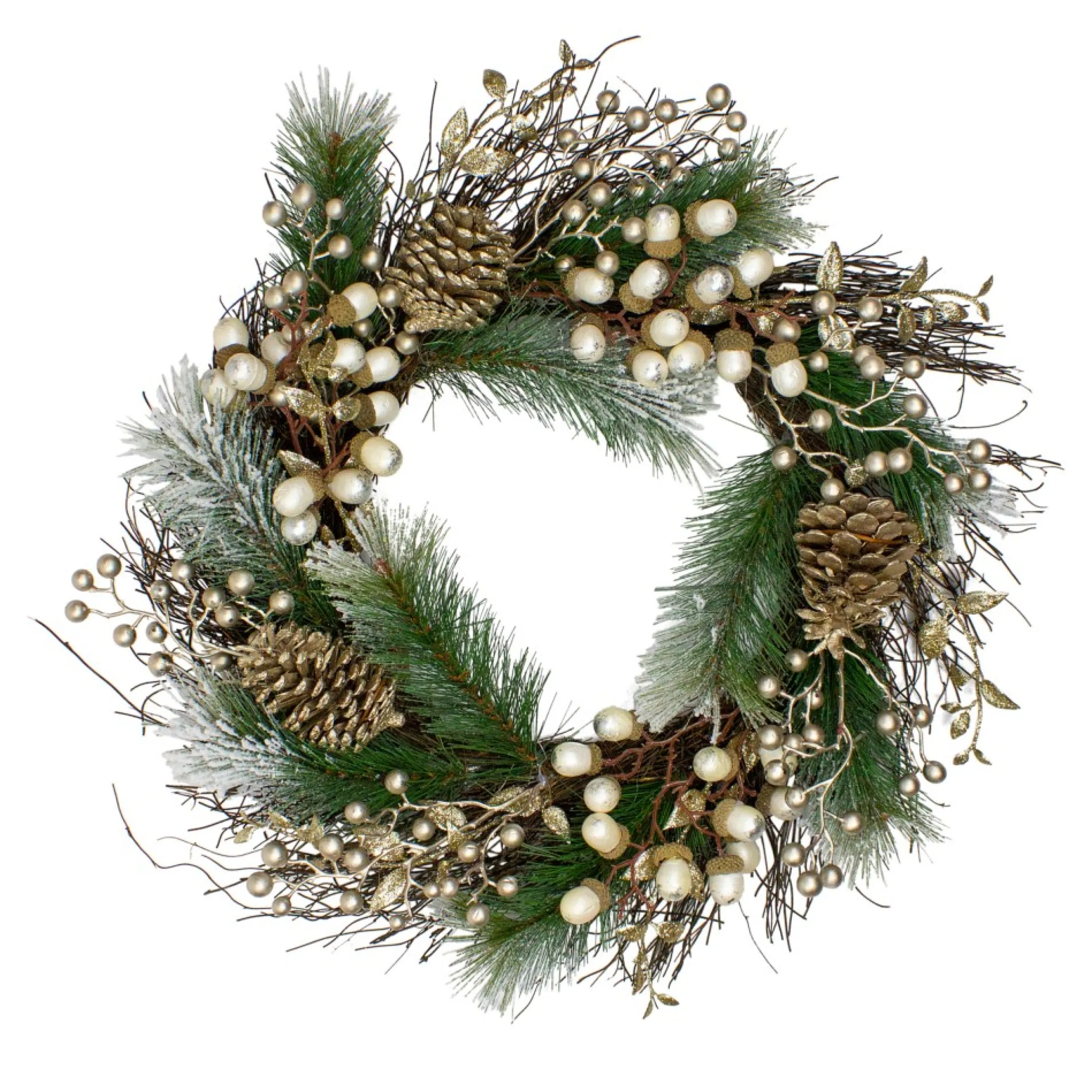 Acorn And Pine Cone Flocked Pine Needle Artificial Christmas Wreath - 22-Inch, Unlit