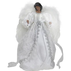 14" African American Silver And White Angel Christmas Tree Topper, Unlit