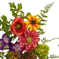 24" Artificial Garden Mixed Flower Teardrop Swag, Unlit