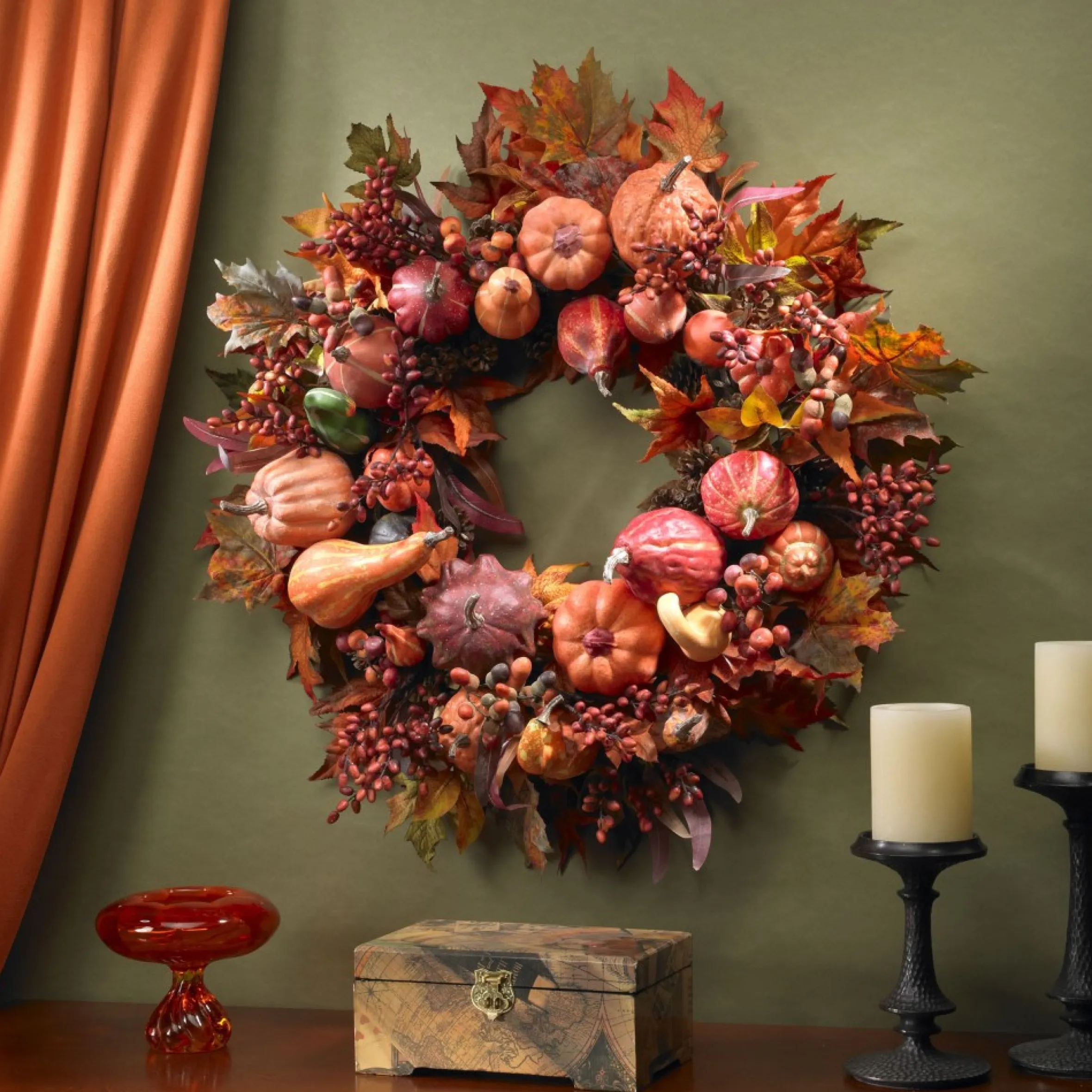 Autumn Harvest Maple Berries And Pinecones Wreath, 28-Inch, Unlit