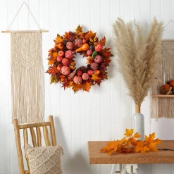 Autumn Harvest Maple Berries And Pinecones Wreath, 28-Inch, Unlit