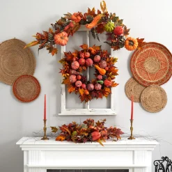 Autumn Harvest Maple Berries And Pinecones Wreath, 28-Inch, Unlit