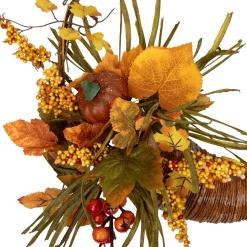 Autumn Leaves With Berries Artificial Fall Harvest Cornucopia Wreath, 18-Inch, Unlit