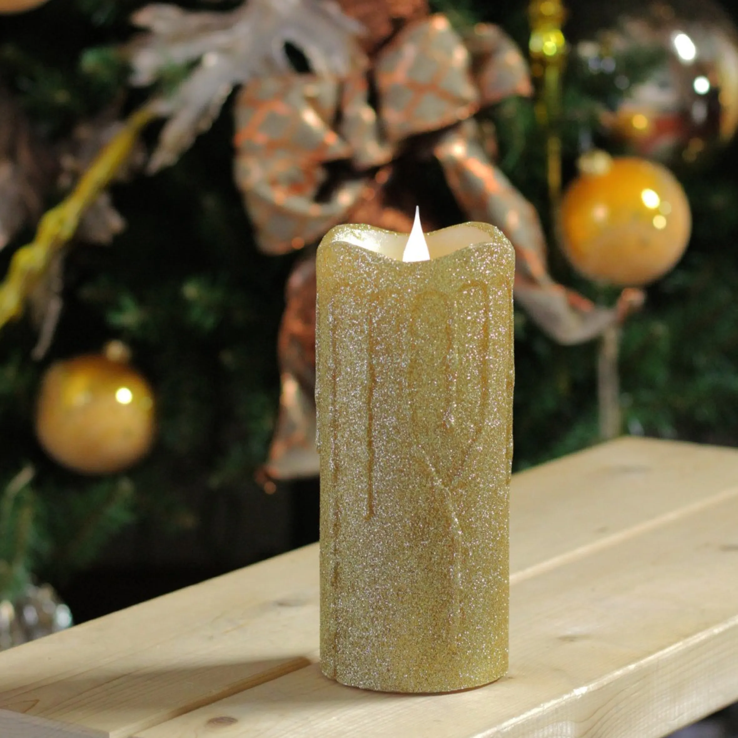 7" Battery Operated Gold Glittered Flameless Led Christmas Pillar Candle With Moving Flame
