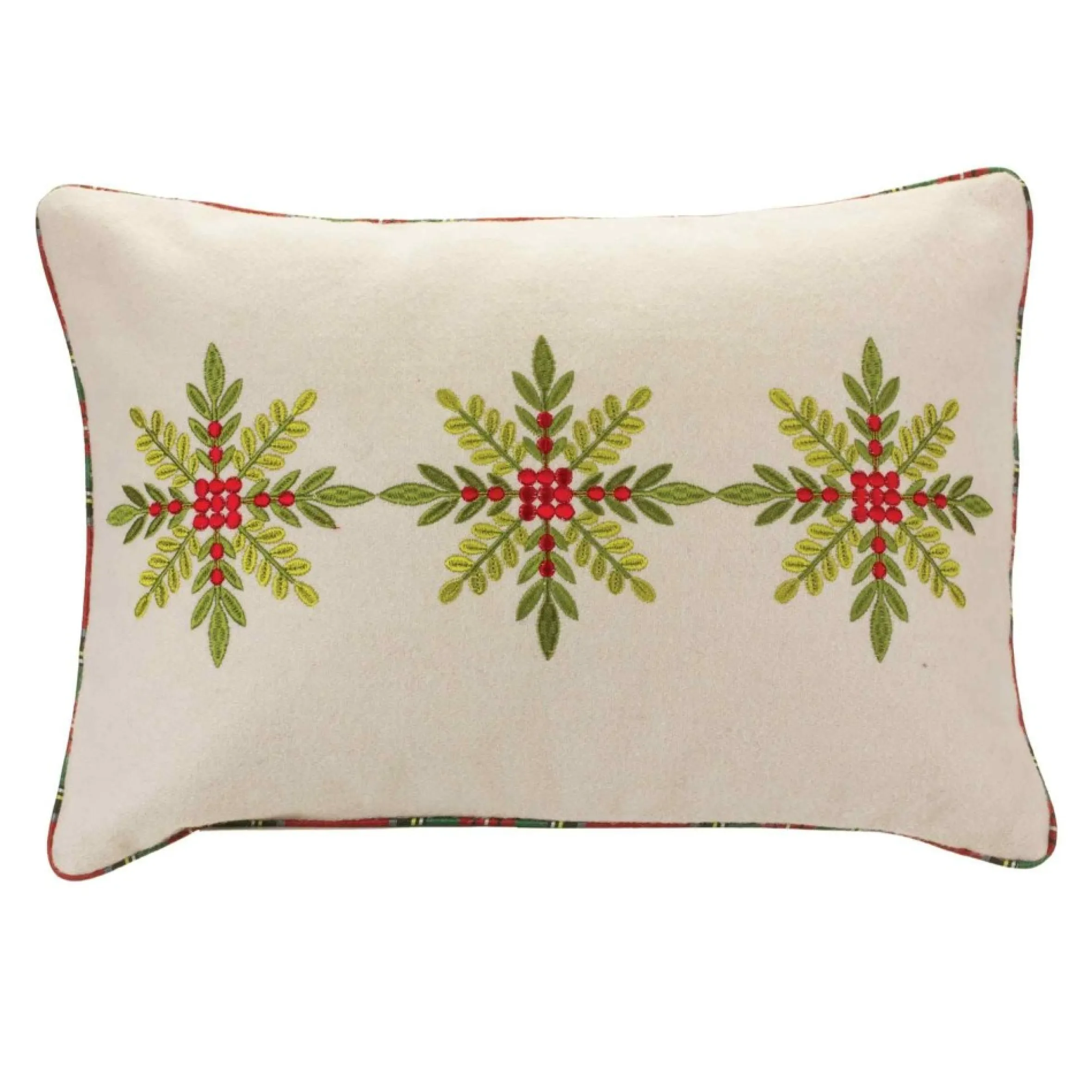 19.5" Beige And Green Embroidered Snowflake Rectangular Christmas Throw Pillow
