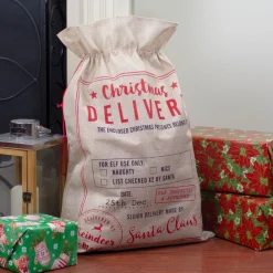 27" Beige And Red "Christmas Delivery" Tie Gift Bag