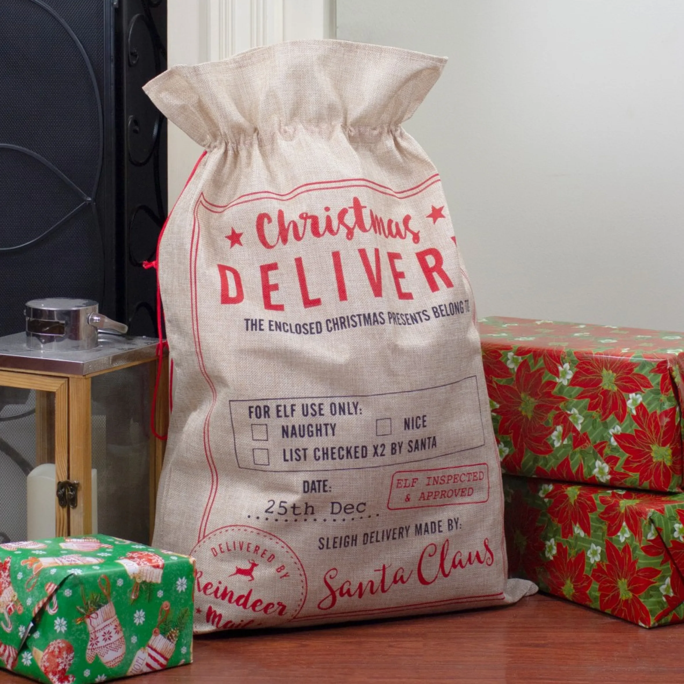 27" Beige And Red "Christmas Delivery" Tie Gift Bag