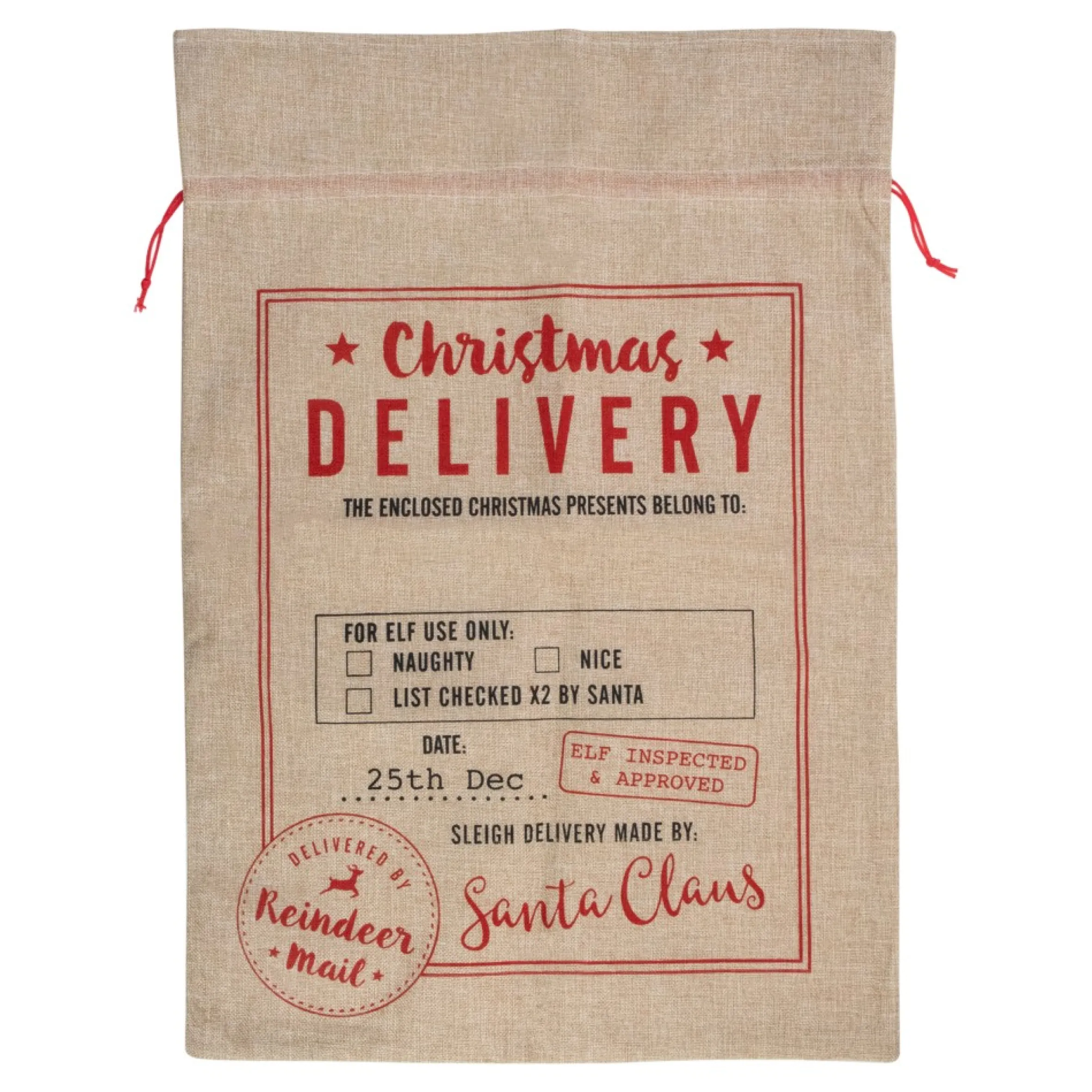 27" Beige And Red "Christmas Delivery" Tie Gift Bag