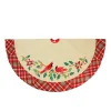48" Beige And Red Embroidered Cardinal Birds Christmas Tree Skirt With Plaid Border