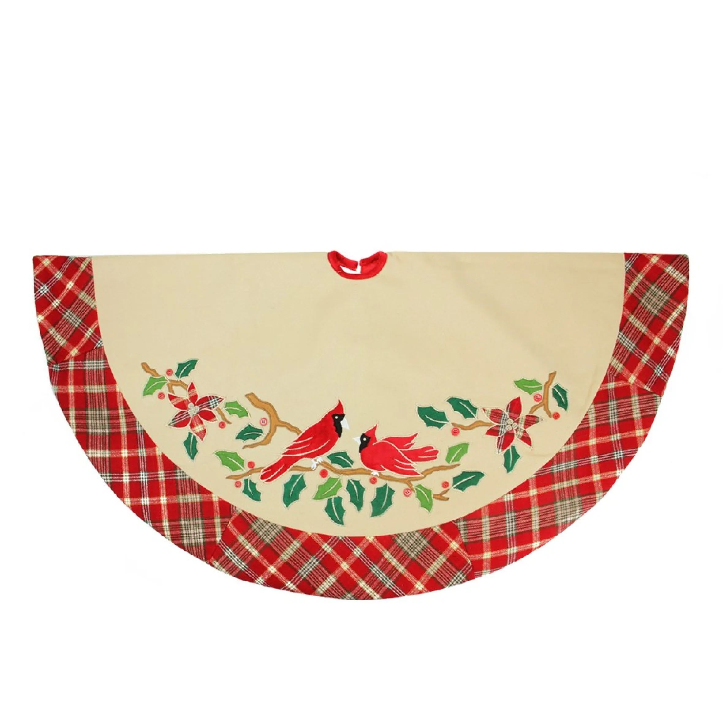 48" Beige And Red Embroidered Cardinal Birds Christmas Tree Skirt With Plaid Border