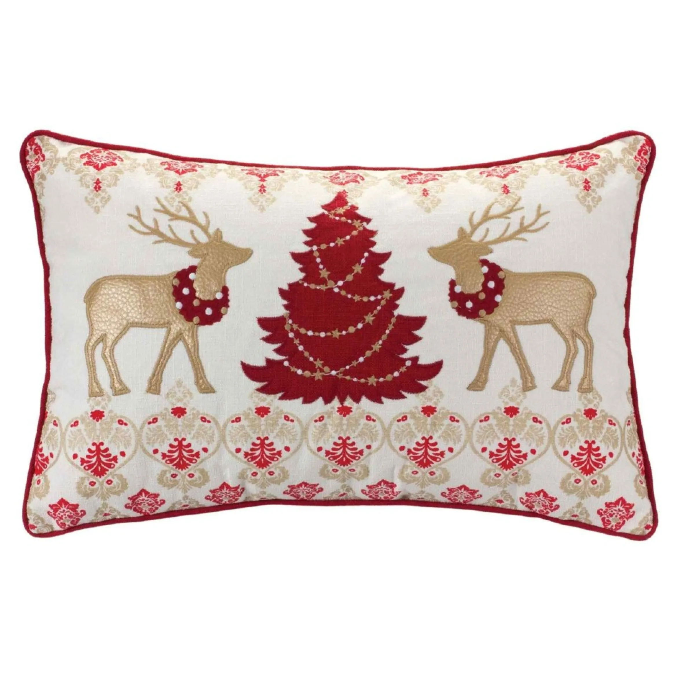 19" Beige And Red Embroidered Nordic Reindeer Rectangular Christmas Throw Pillow