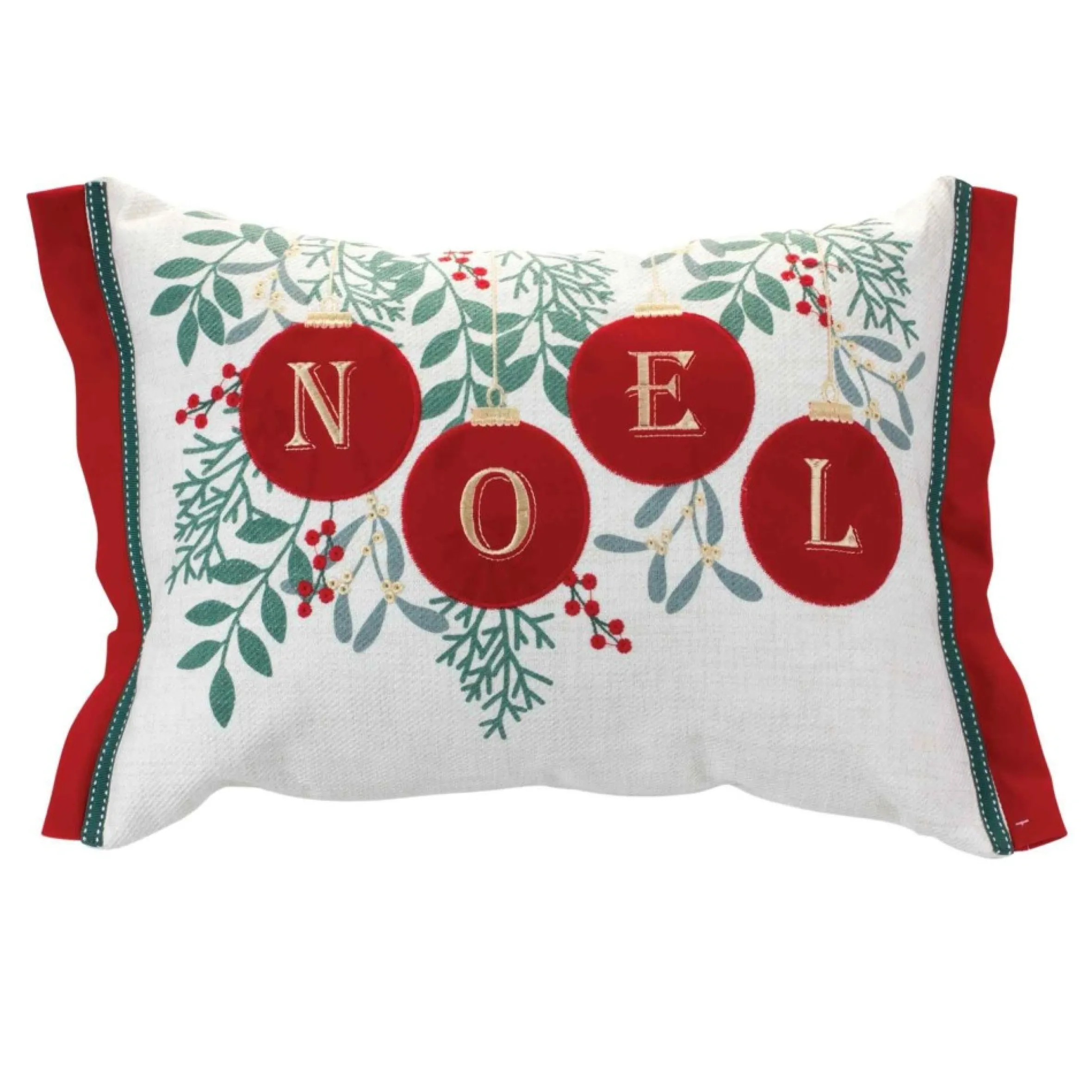 19" Beige And Red Embroidered Ornament "Noel" Rectangular Christmas Throw Pillow