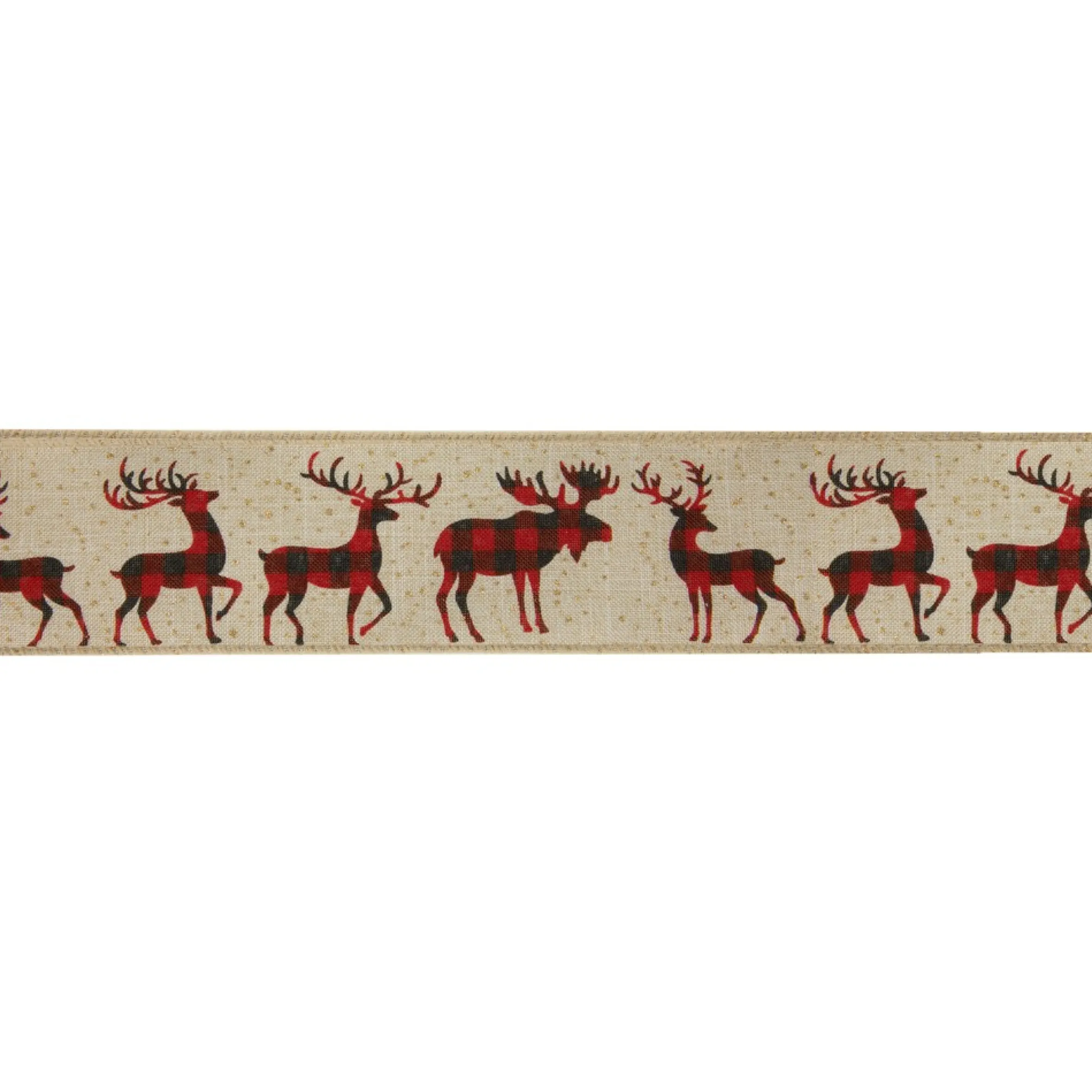 Beige And Red Plaid Buffalo With Reindeer Christmas Wired Craft Ribbon 2.5" X 16 Yards