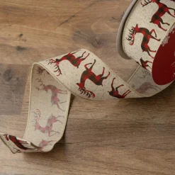 Beige And Red Plaid Buffalo With Reindeer Christmas Wired Craft Ribbon 2.5" X 16 Yards