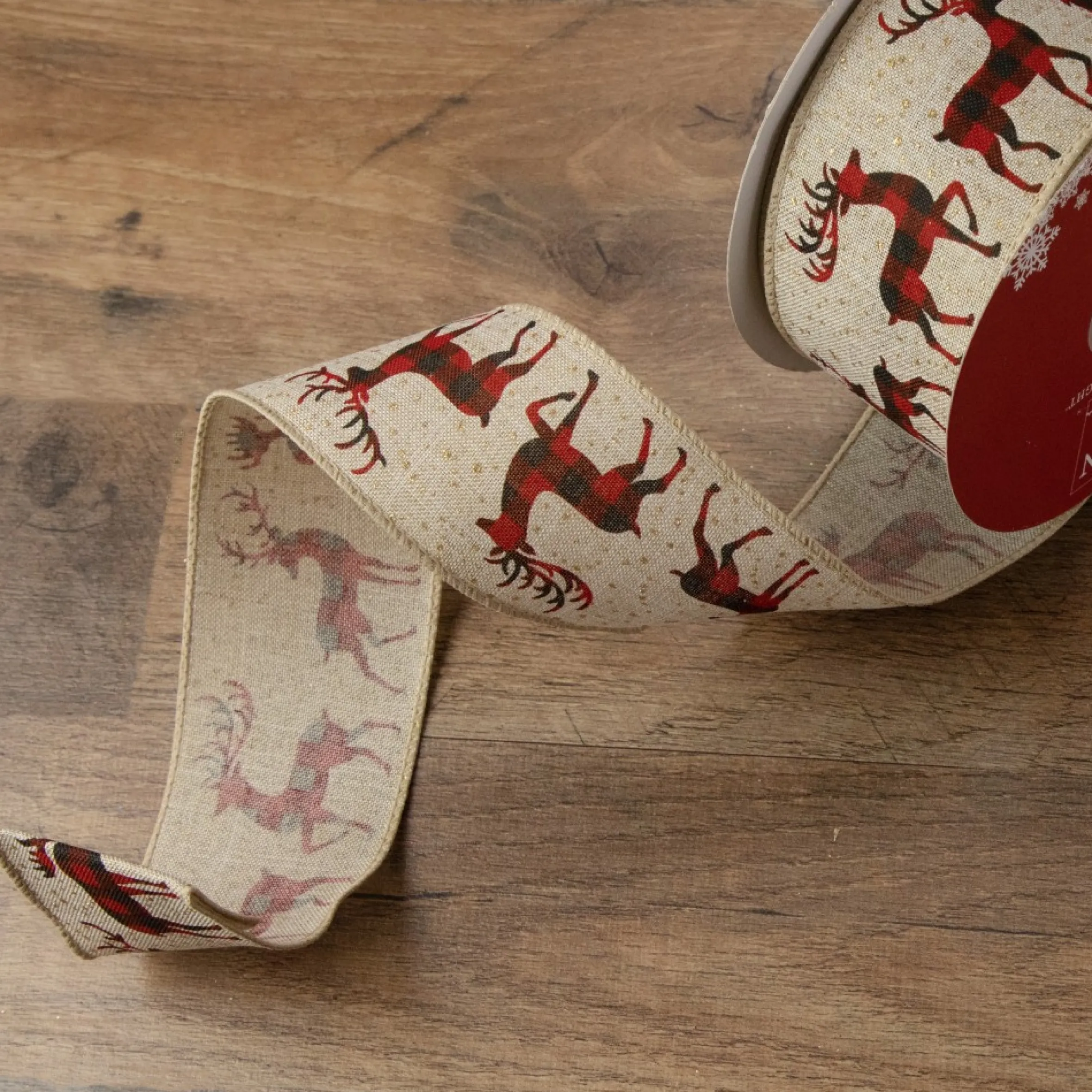 Beige And Red Plaid Buffalo With Reindeer Christmas Wired Craft Ribbon 2.5" X 16 Yards