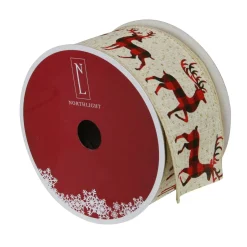 Beige And Red Plaid Buffalo With Reindeer Christmas Wired Craft Ribbon 2.5