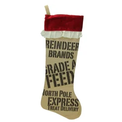 24" Beige And Red Reindeer Feed Sack Christmas Stocking