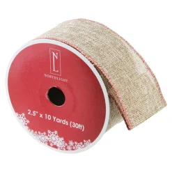 Beige And Red Solid Trim Wired Craft Christmas Ribbon 2.5