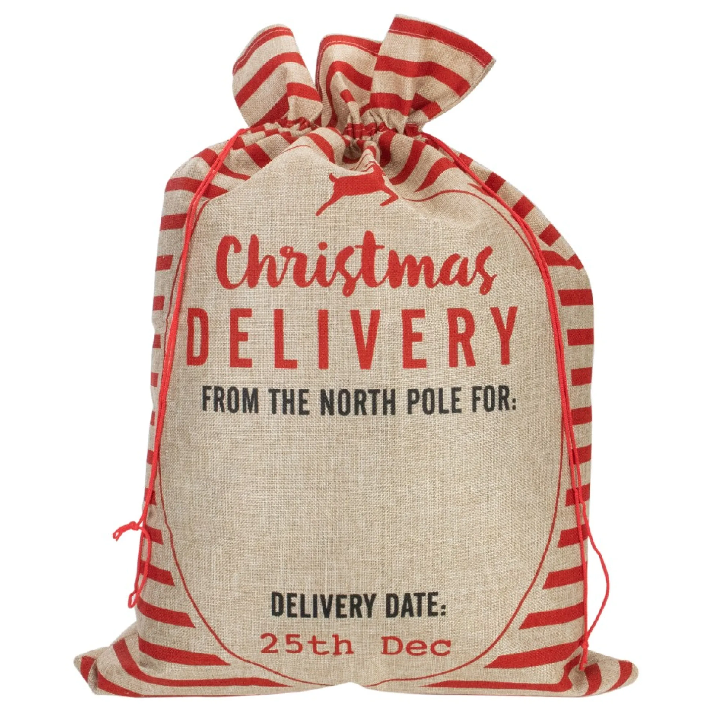 27" Beige And Red Striped "Christmas Delivery" Tie Gift Bag