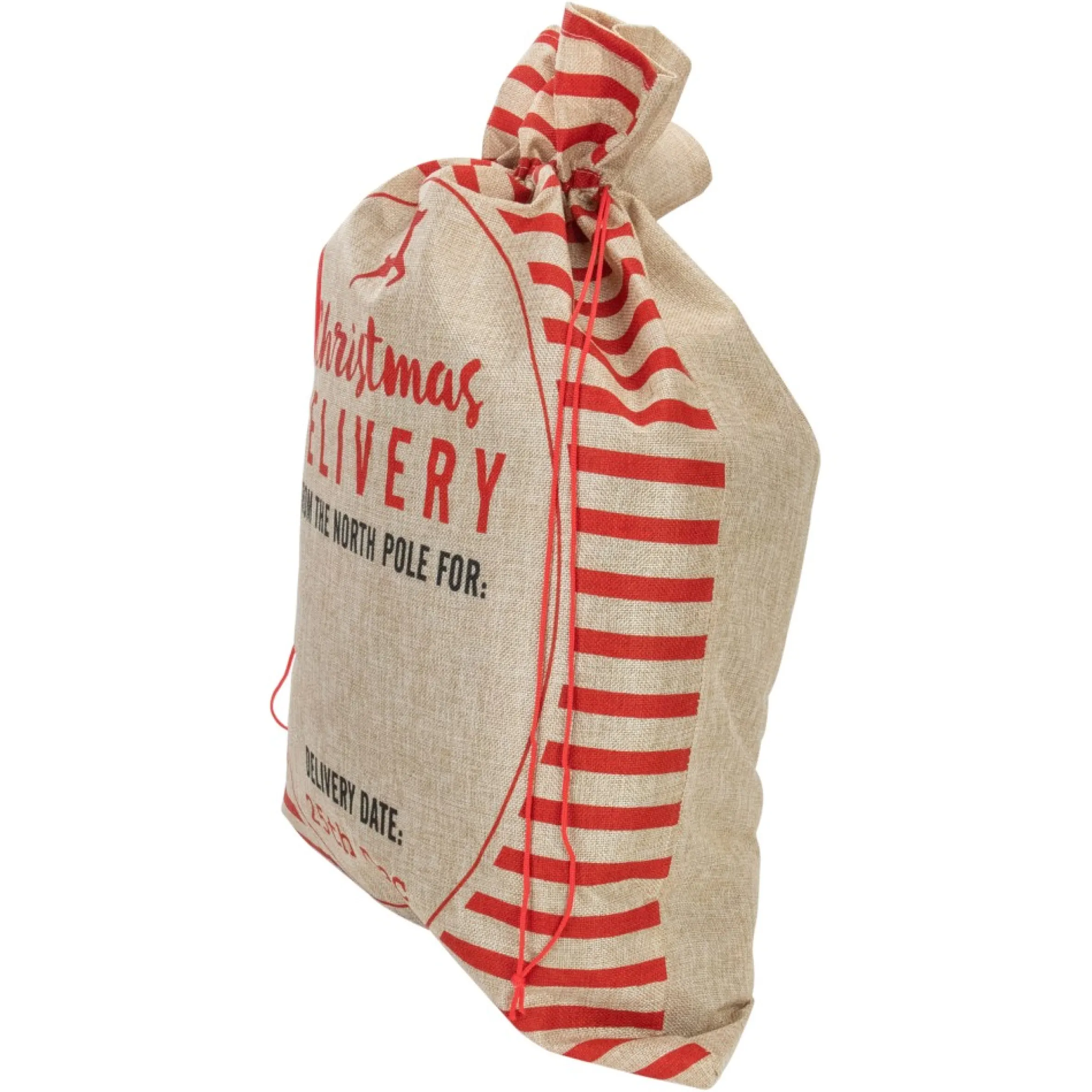 27" Beige And Red Striped "Christmas Delivery" Tie Gift Bag