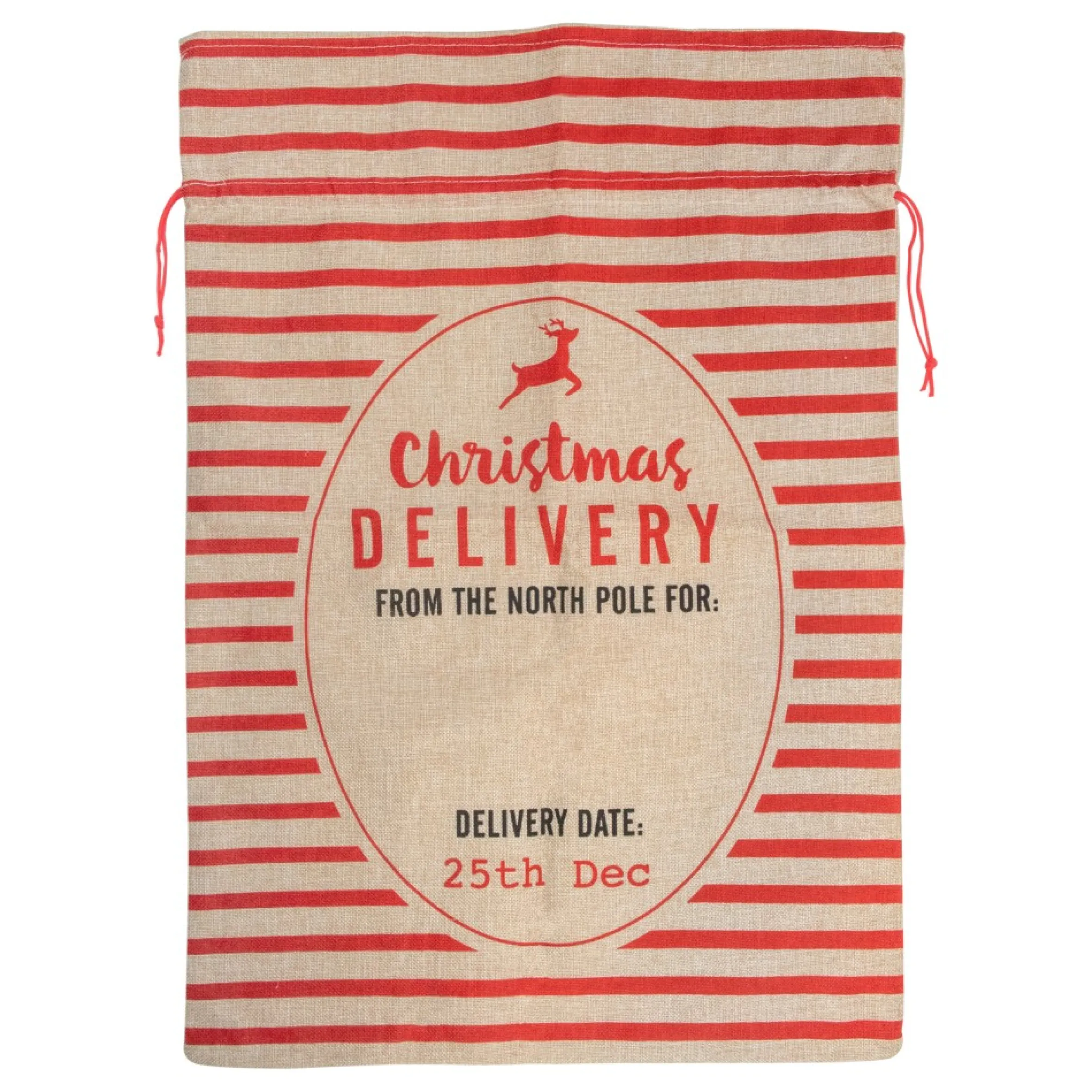 27" Beige And Red Striped "Christmas Delivery" Tie Gift Bag