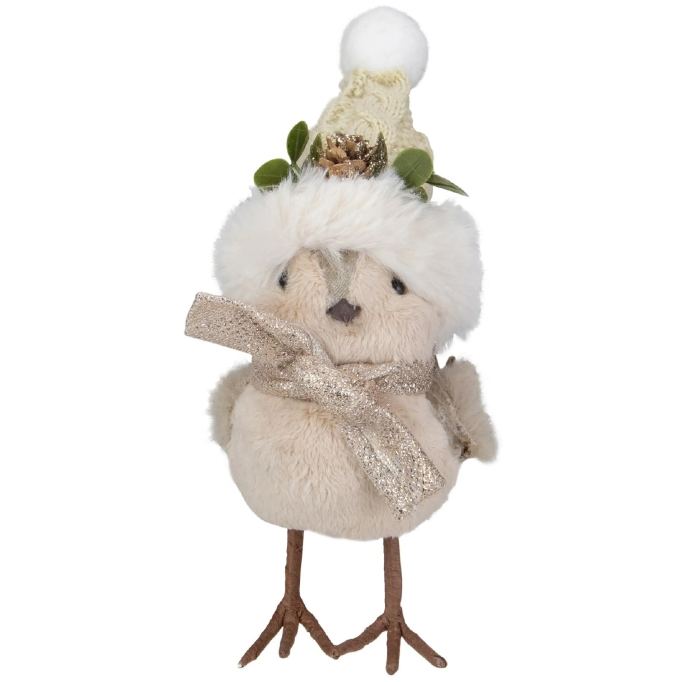 8" Beige And White Plush Bird In Santa Hat Christmas Figure