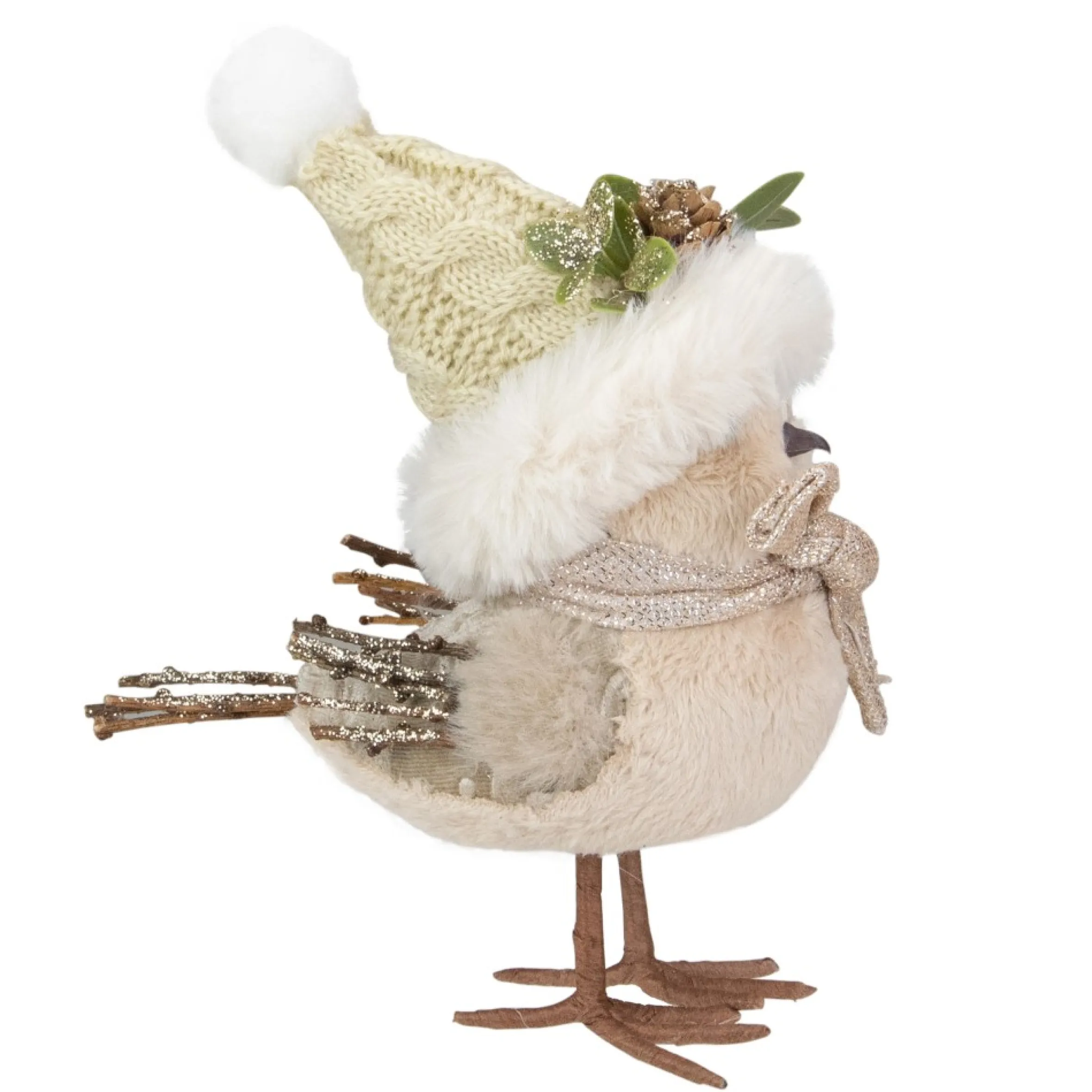 8" Beige And White Plush Bird In Santa Hat Christmas Figure