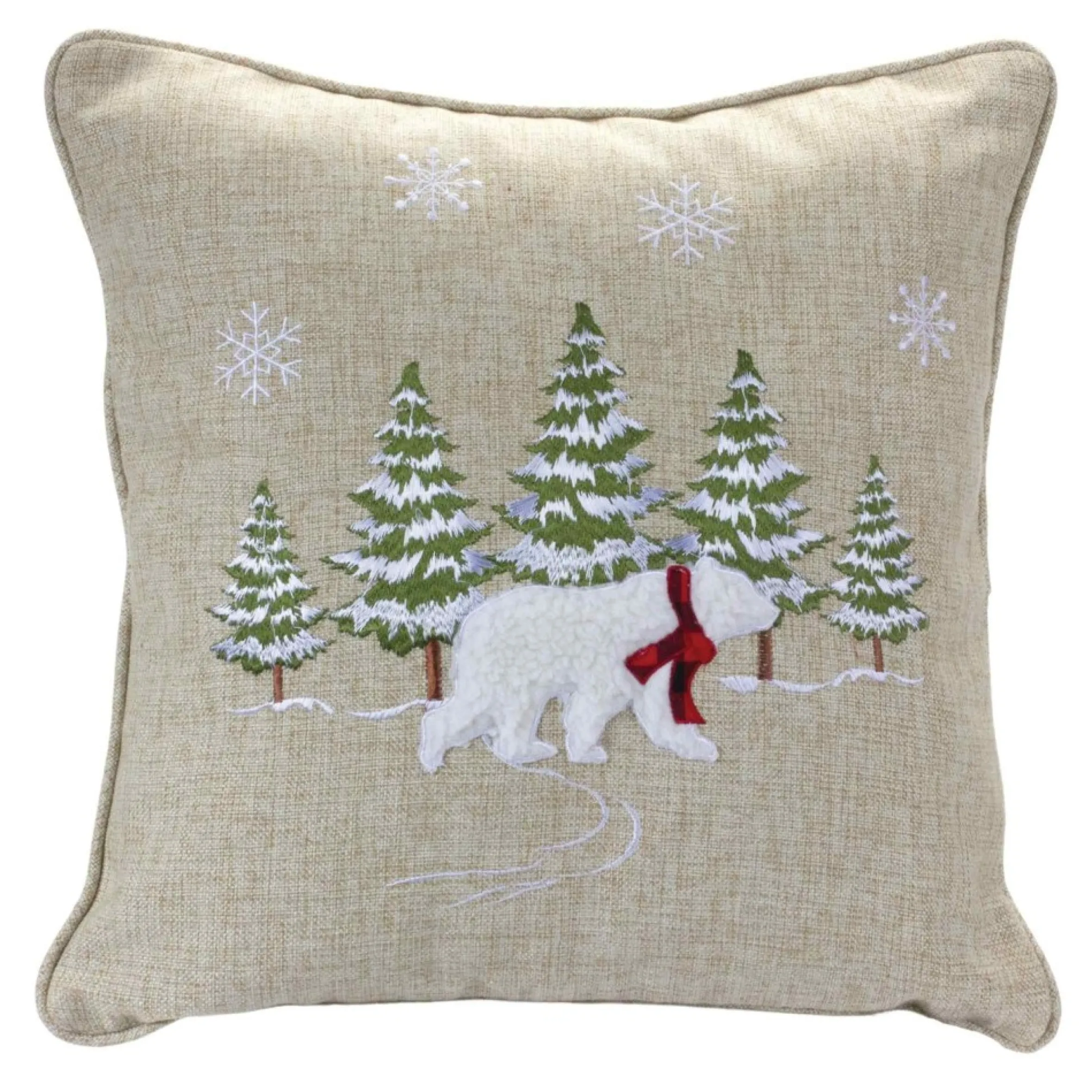 17" Beige And White Polar Bear Forest Embroidered Christmas Throw Pillow
