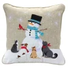 16" Beige And White Snowman With Animals Embroidered Christmas Throw Pillow
