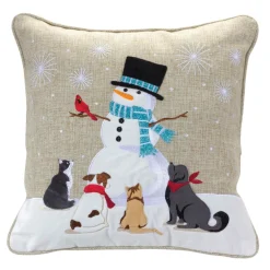 16" Beige And White Snowman With Animals Embroidered Christmas Throw Pillow