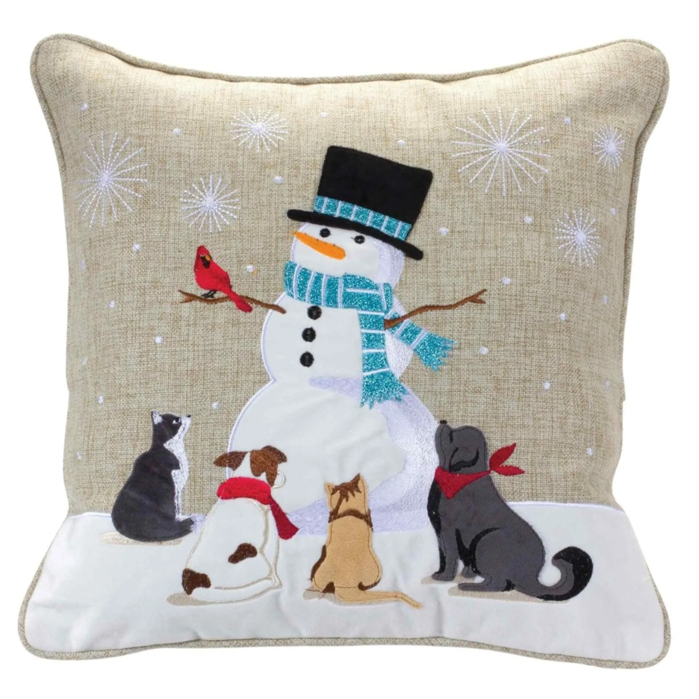 16" Beige And White Snowman With Animals Embroidered Christmas Throw Pillow