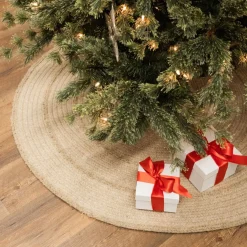 50" Beige Natural Wool Stripe Round Christmas Tree Skirt