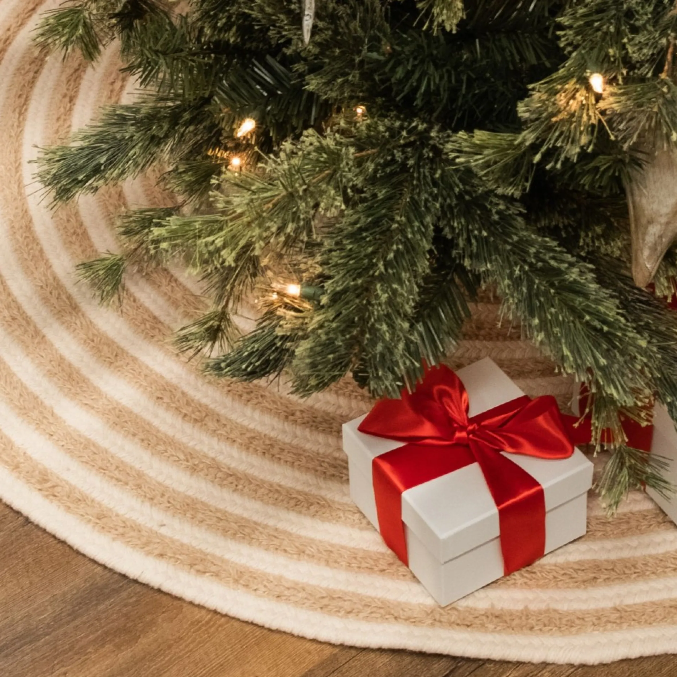 50" Beige Shag Striped Round Christmas Tree Skirt