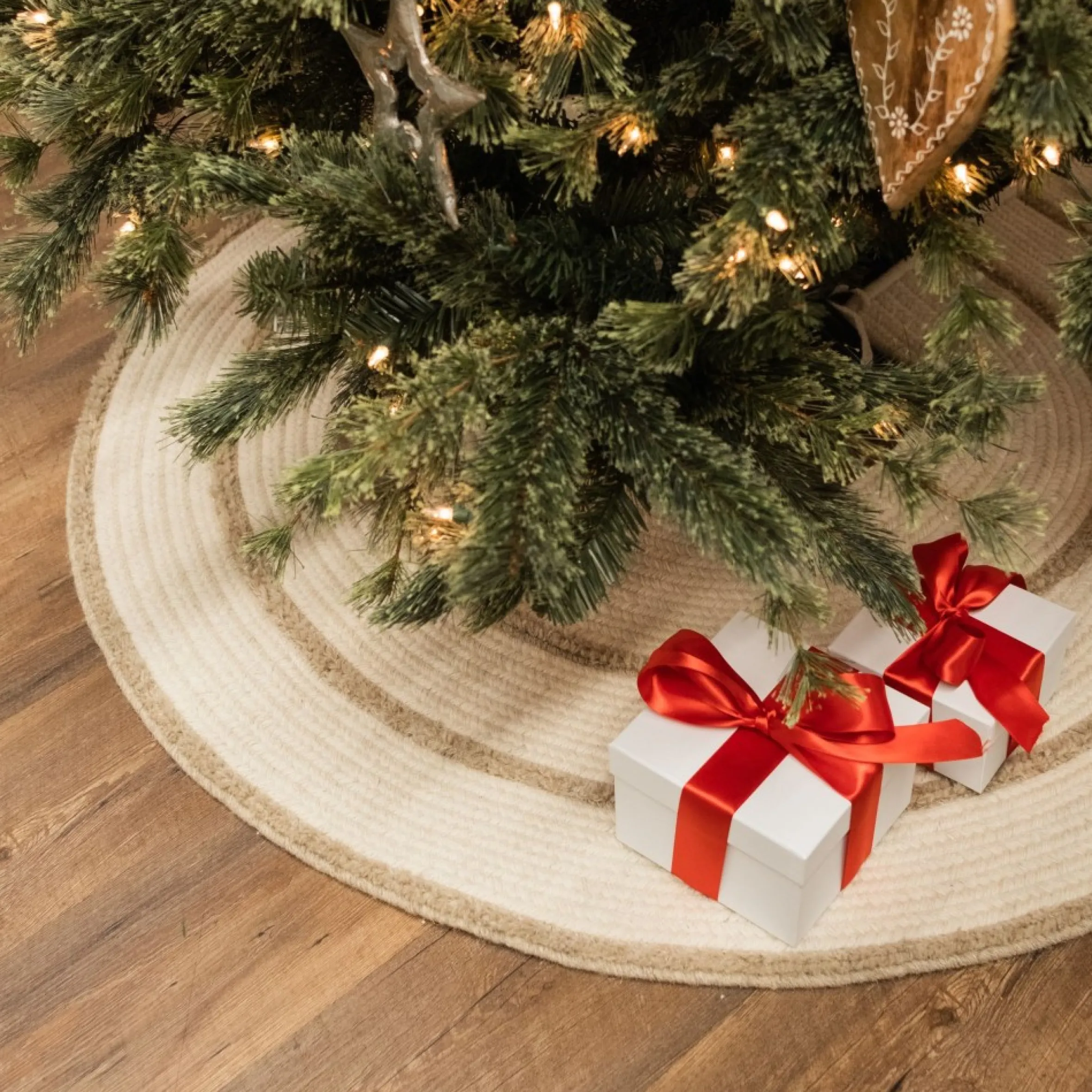 50" Beige Stripe Round Christmas Tree Skirt