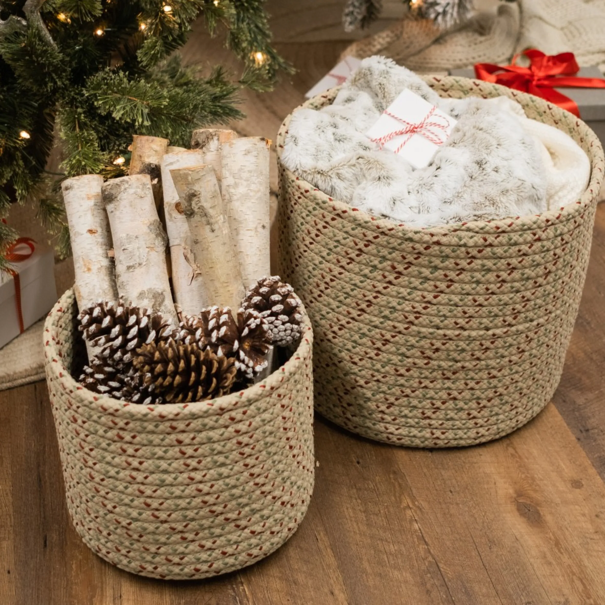 16" Beige Woven Dasher Braided Round Christmas Storage Basket