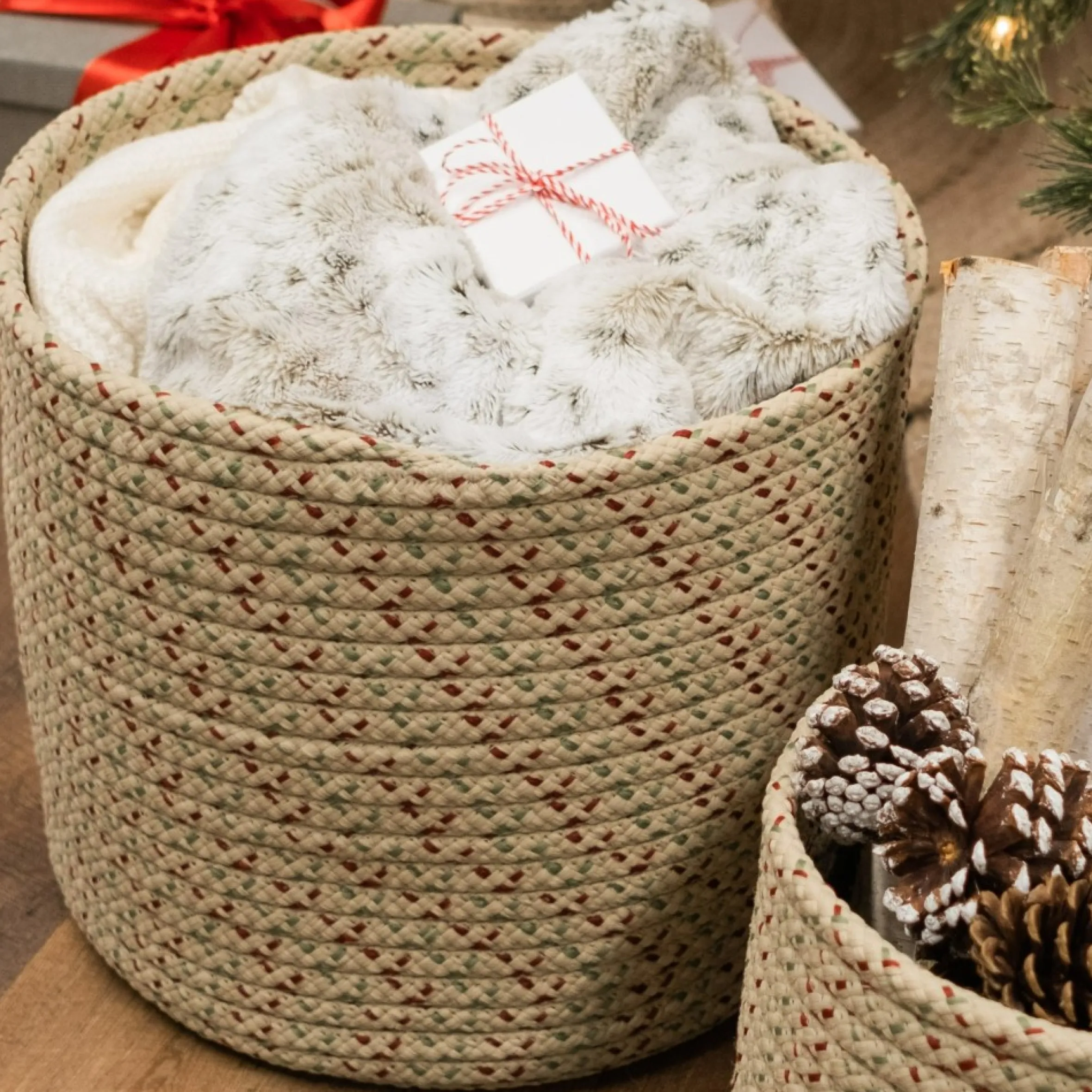 16" Beige Woven Dasher Braided Round Christmas Storage Basket