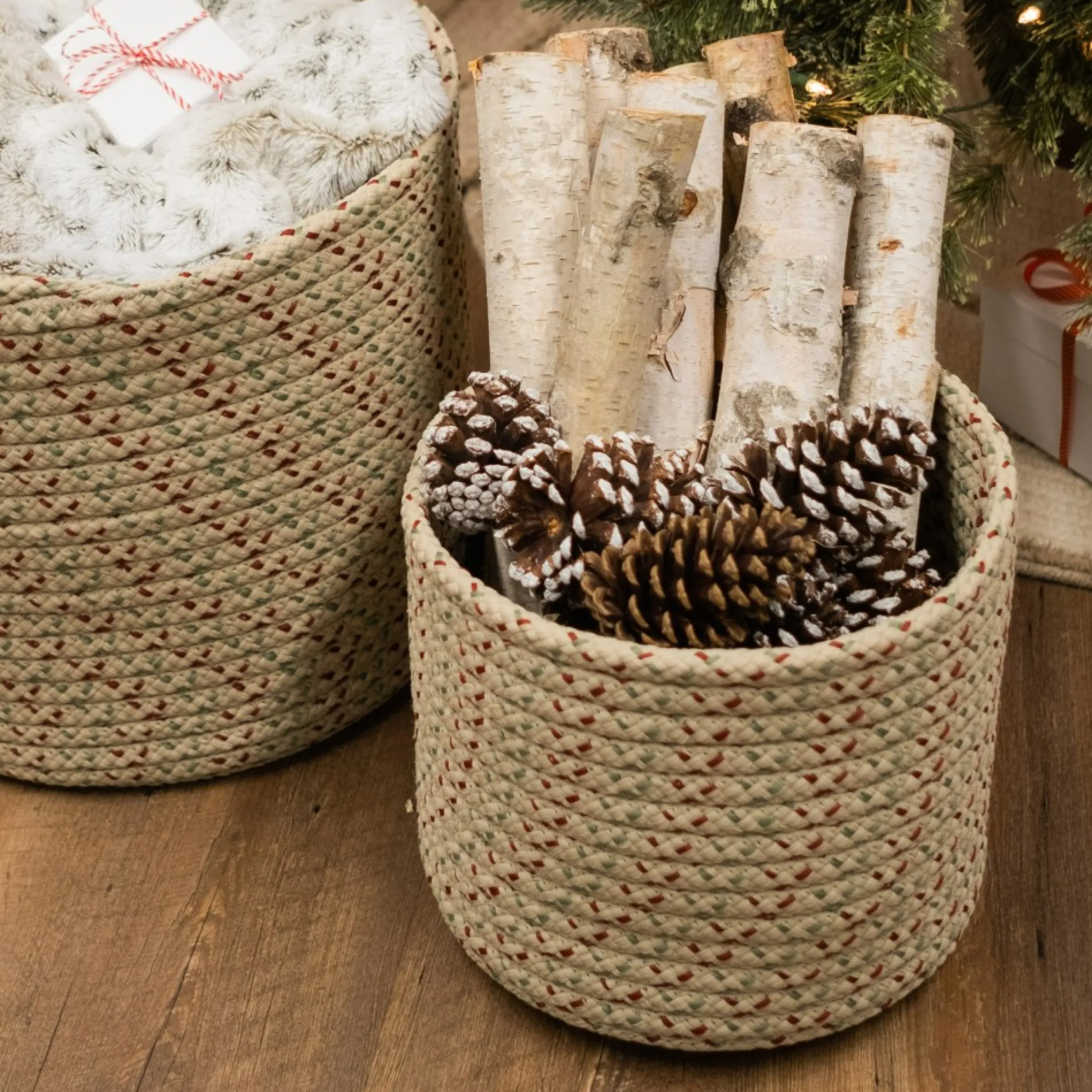 16" Beige Woven Dasher Braided Round Christmas Storage Basket