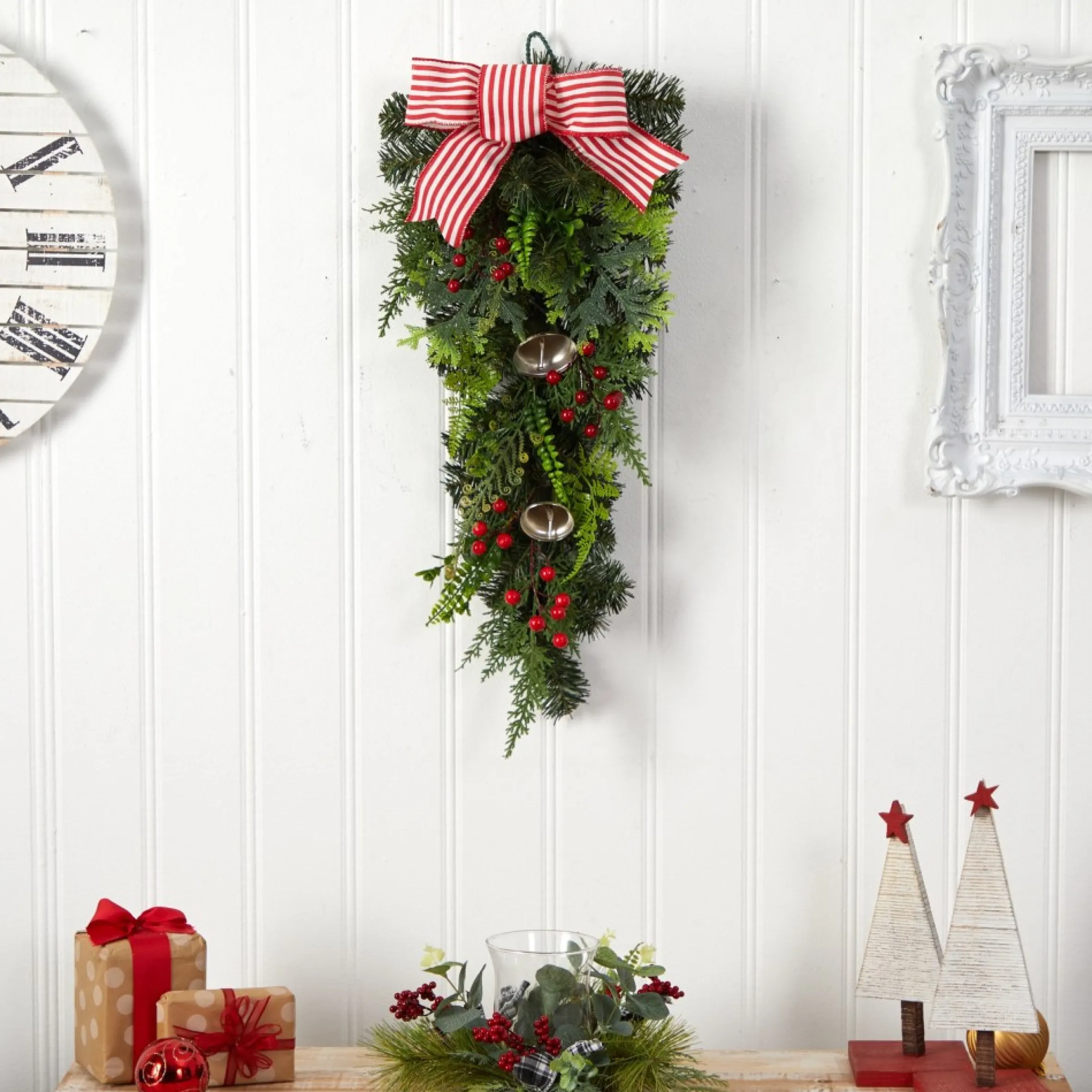 26" Bells And Bow Artificial Christmas Teardrop Swag, Unlit