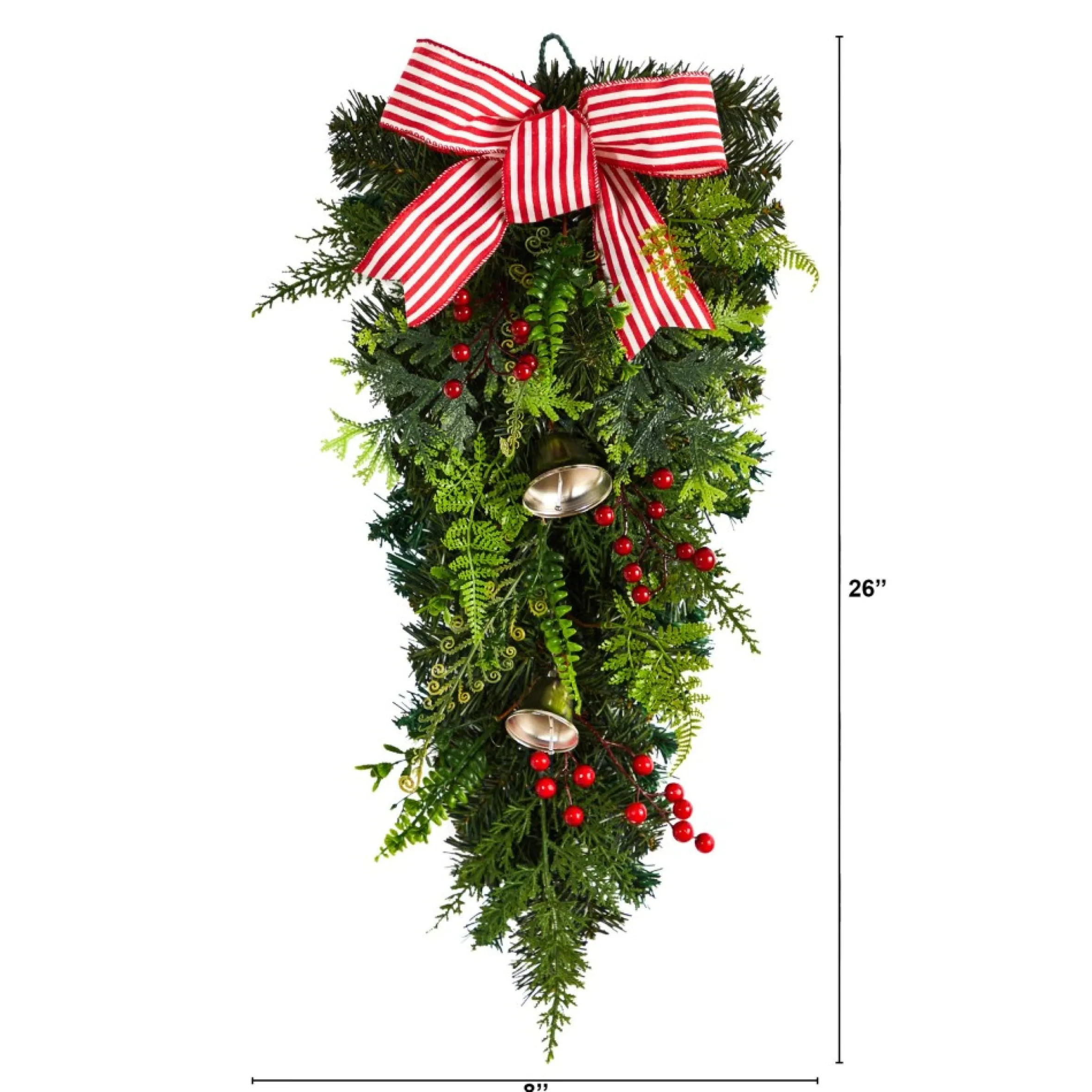 26" Bells And Bow Artificial Christmas Teardrop Swag, Unlit