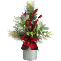 20" Berries And Pine Artificial Christmas Arrangement With Tin Vase