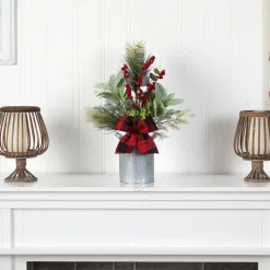 20" Berries And Pine Artificial Christmas Arrangement With Tin Vase