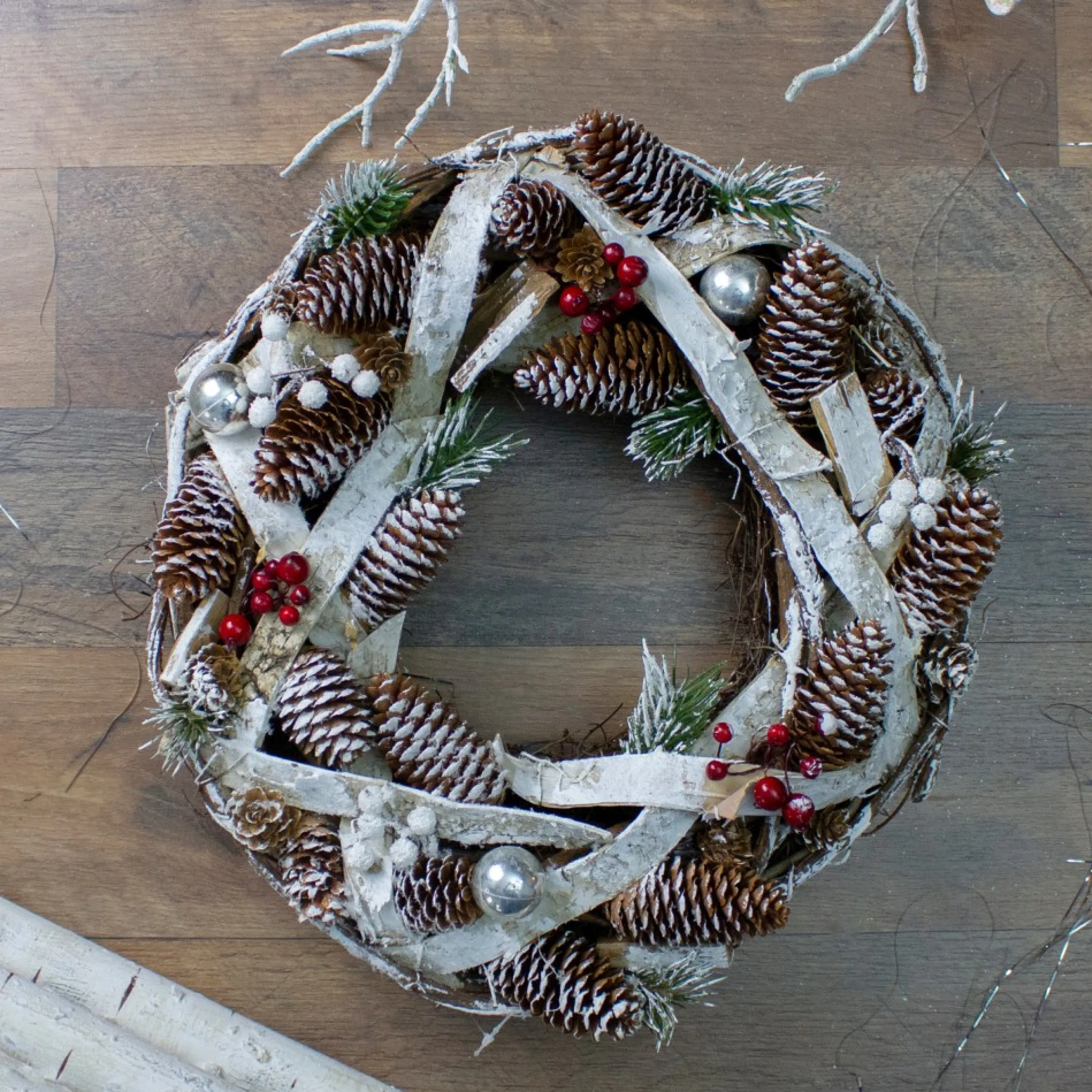 Birch Bark And Pine Cones Artificial Christmas Wreath - 13.5-Inch, Unlit