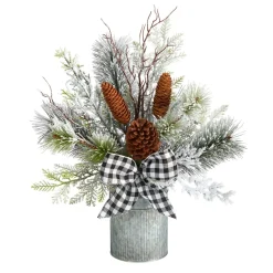 1.5' Birch With Pinecones And Bow Artificial Christmas Arrangement With Potted Vase
