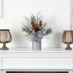 1.5' Birch With Pinecones And Bow Artificial Christmas Arrangement With Potted Vase