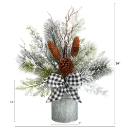 1.5' Birch With Pinecones And Bow Artificial Christmas Arrangement With Potted Vase