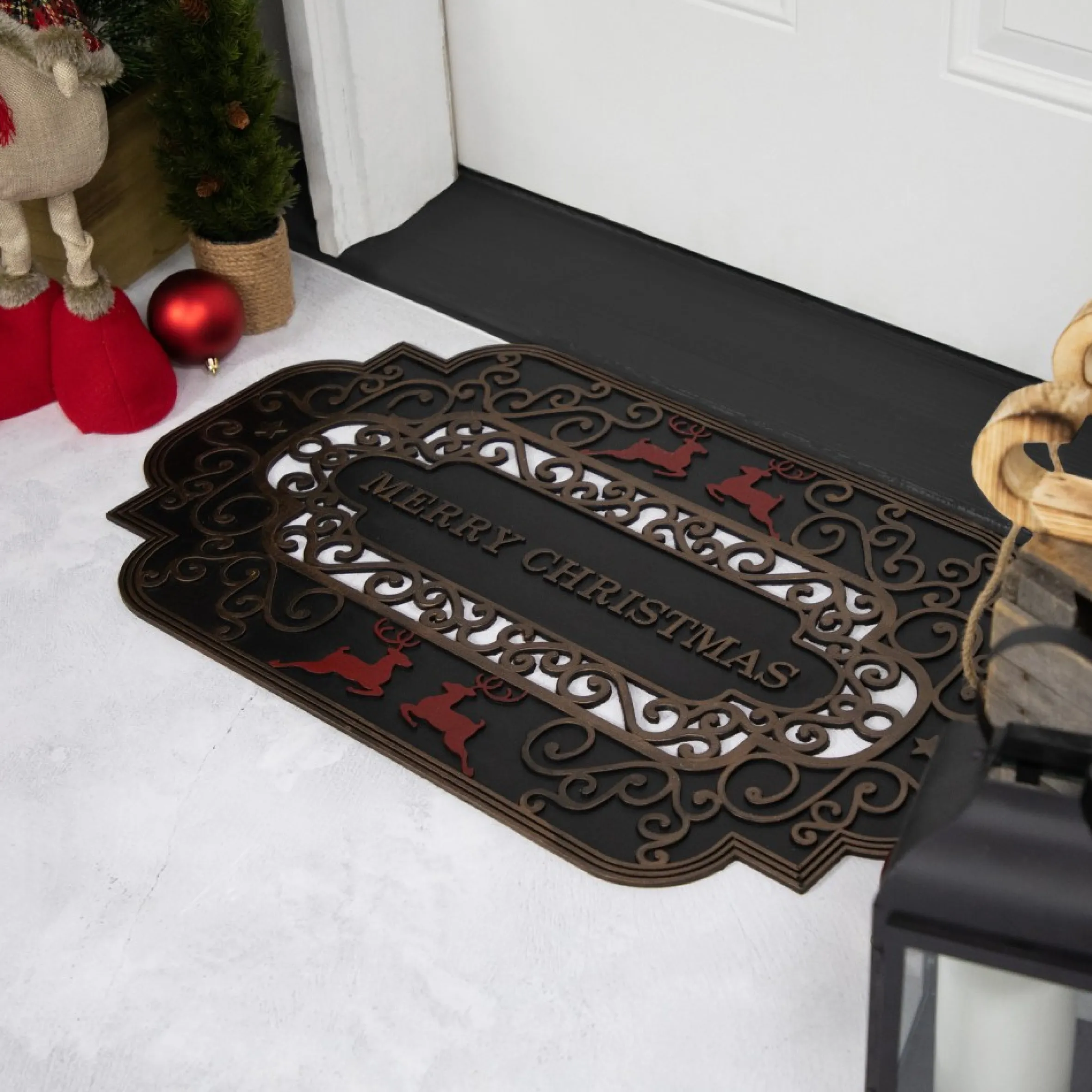 Black And Copper Reindeer "Merry Christmas" Doormat 18" X 30"