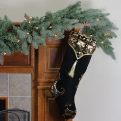 21.5" Black And Gold Damask Velveteen Christmas Stocking With Tassel