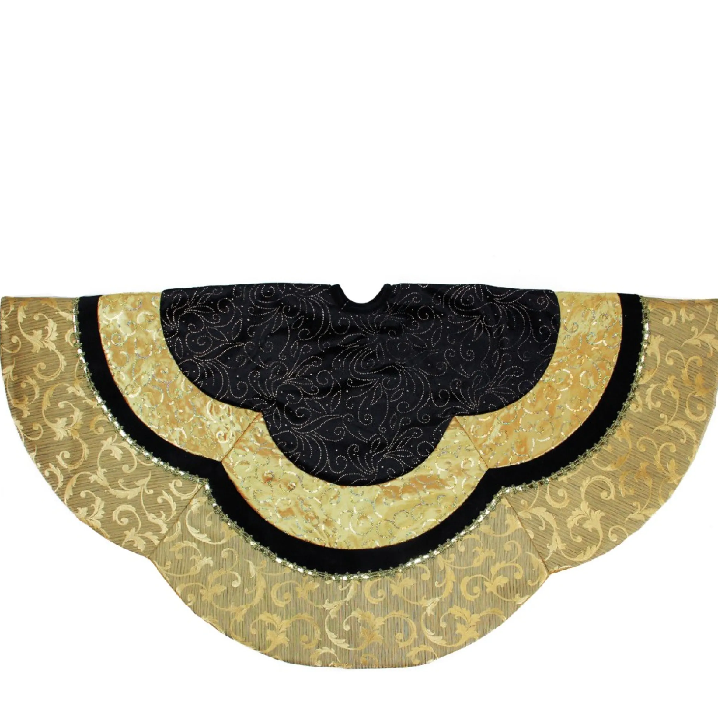 48" Black And Gold Velveteen Floral Scallop Christmas Tree Skirt
