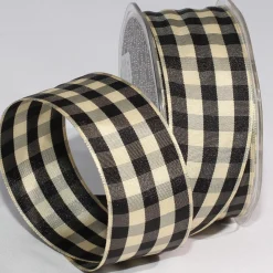 Black And Ivory Gingham Wired Woven Edge Craft Ribbon 1.5" X 27 Yards