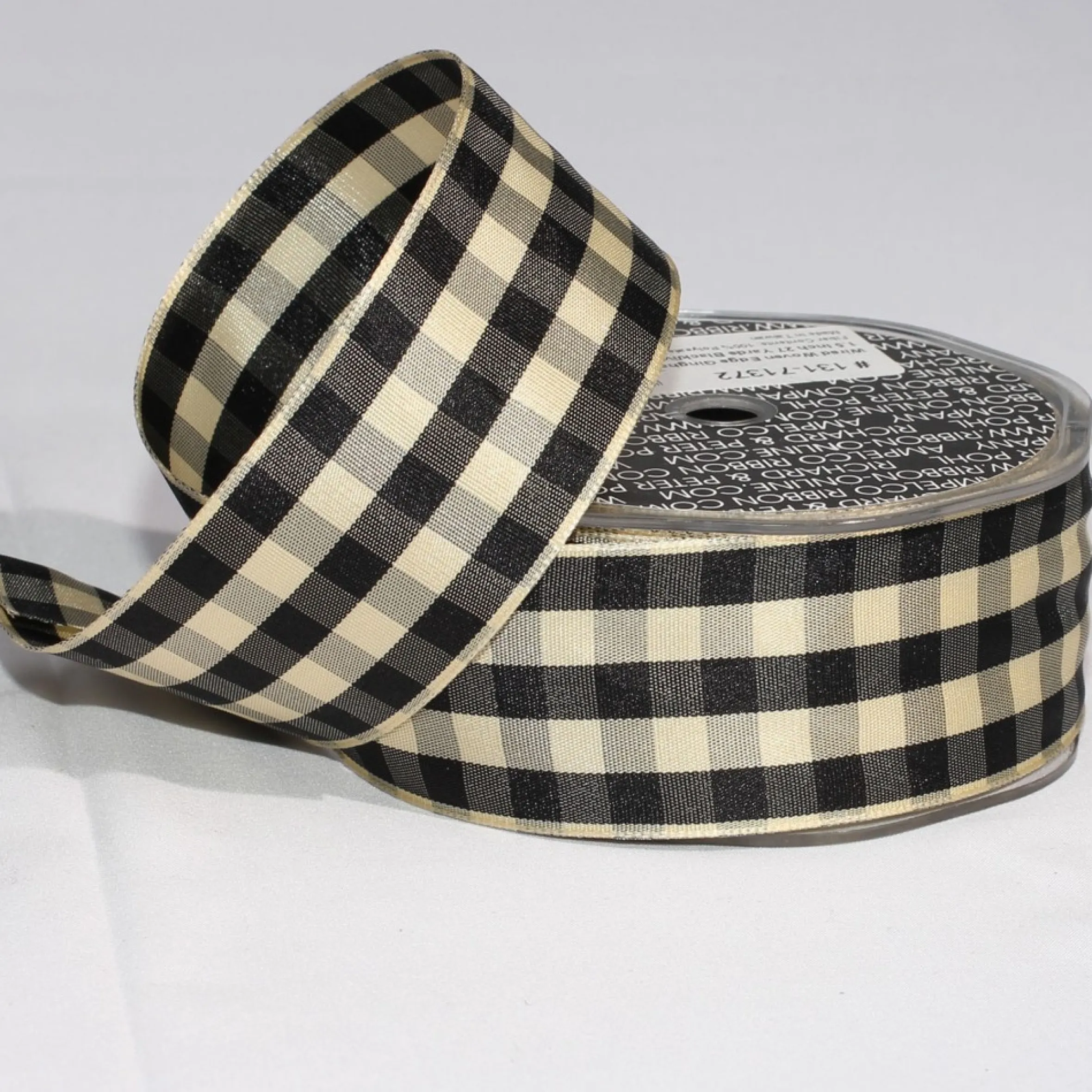 Black And Ivory Gingham Wired Woven Edge Craft Ribbon 1.5" X 27 Yards